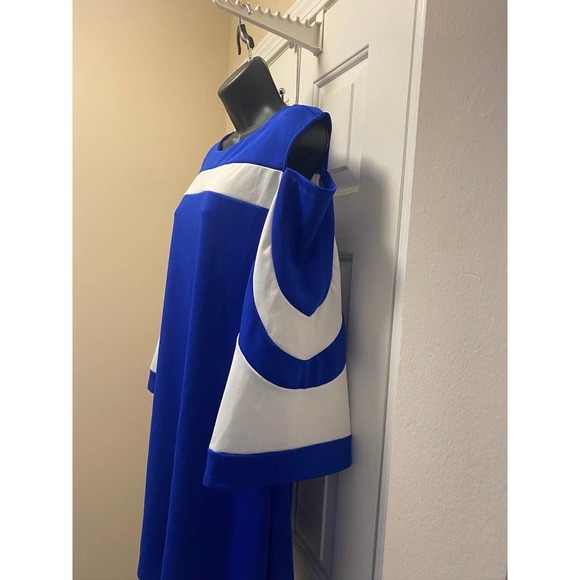 Elapsy Royal Blue & White Womens Mini Dress 3/4 Flare Sleeve Cold Shoulder Large - Picture 5 of 8